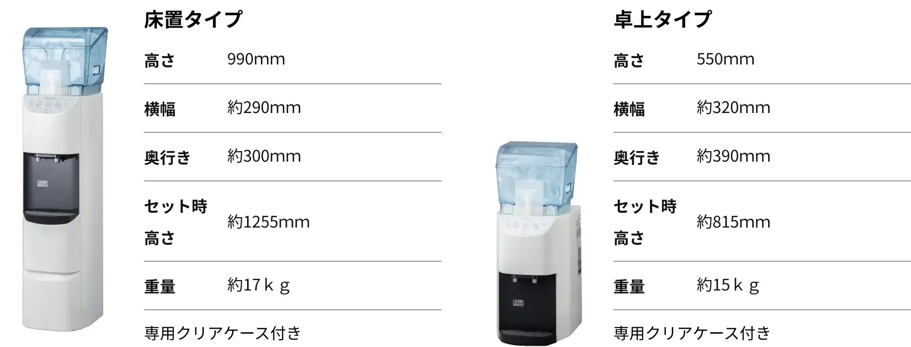 床置タイプ（高さ：990mm/横幅：290mm/奥行き：300mm/セット時高さ：1255mm/重量：17kg/専用クリアケース付き）、卓上タイプ（高さ550mm/横幅：320mm/奥行き：390mm/セット時高さ：815mm/重量：15kg/専用クリアケース付き）